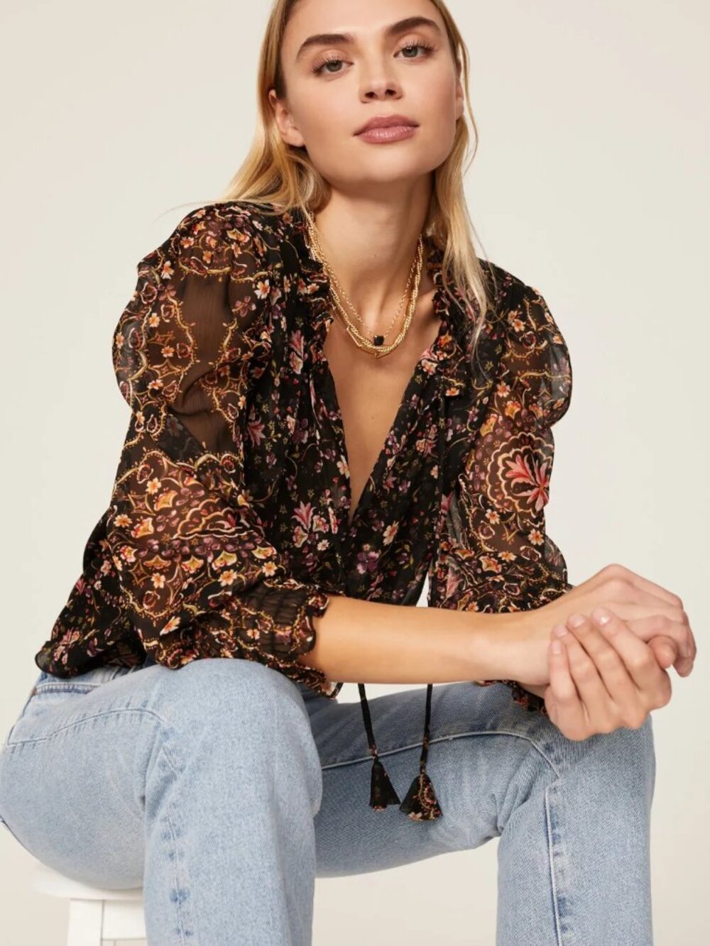 New Misa Los Angeles Siena Black Floral Puff Sleeve